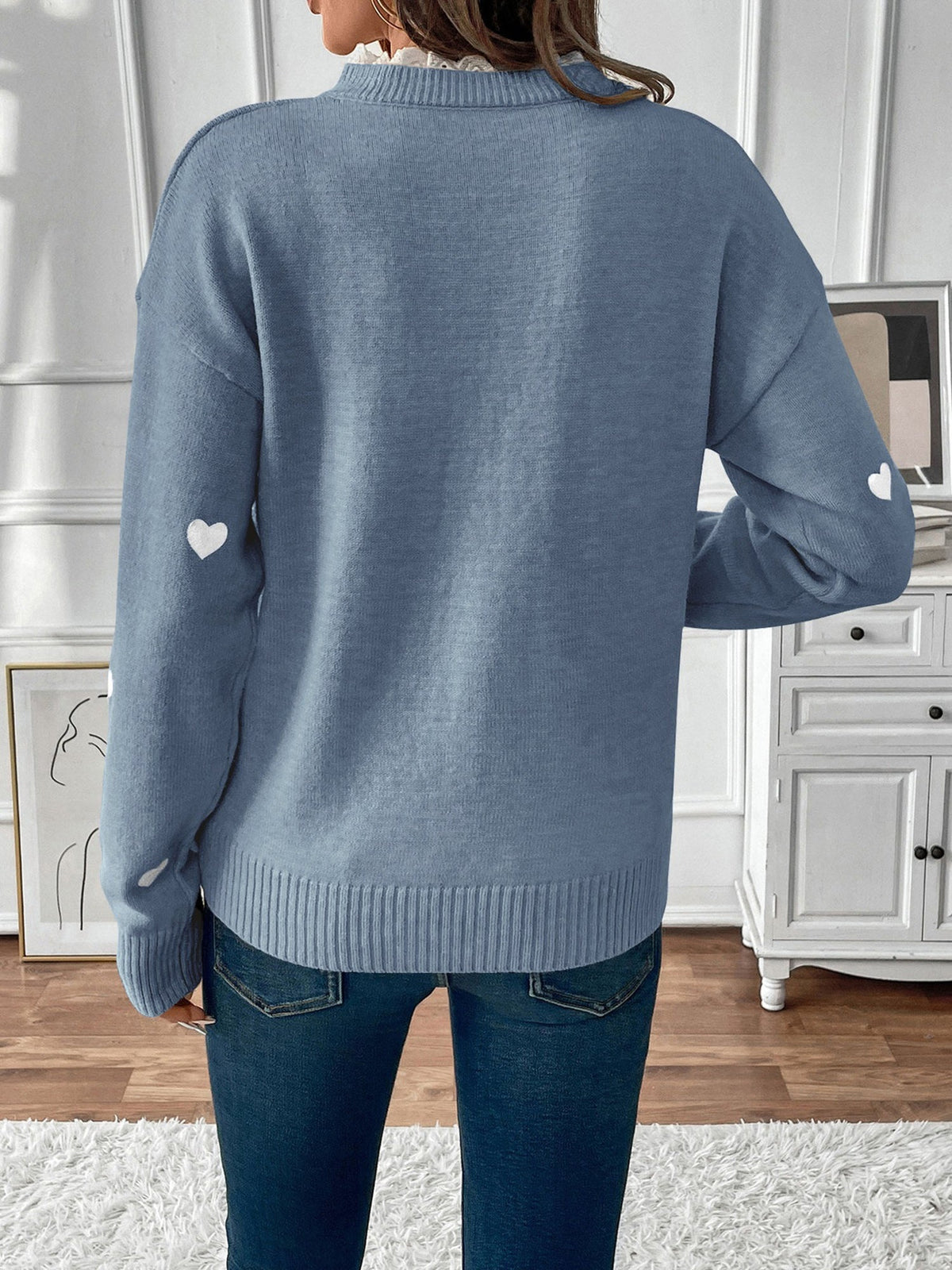 Teleri | Women's Heart Print Jumper with Lace-Trim V-Neck