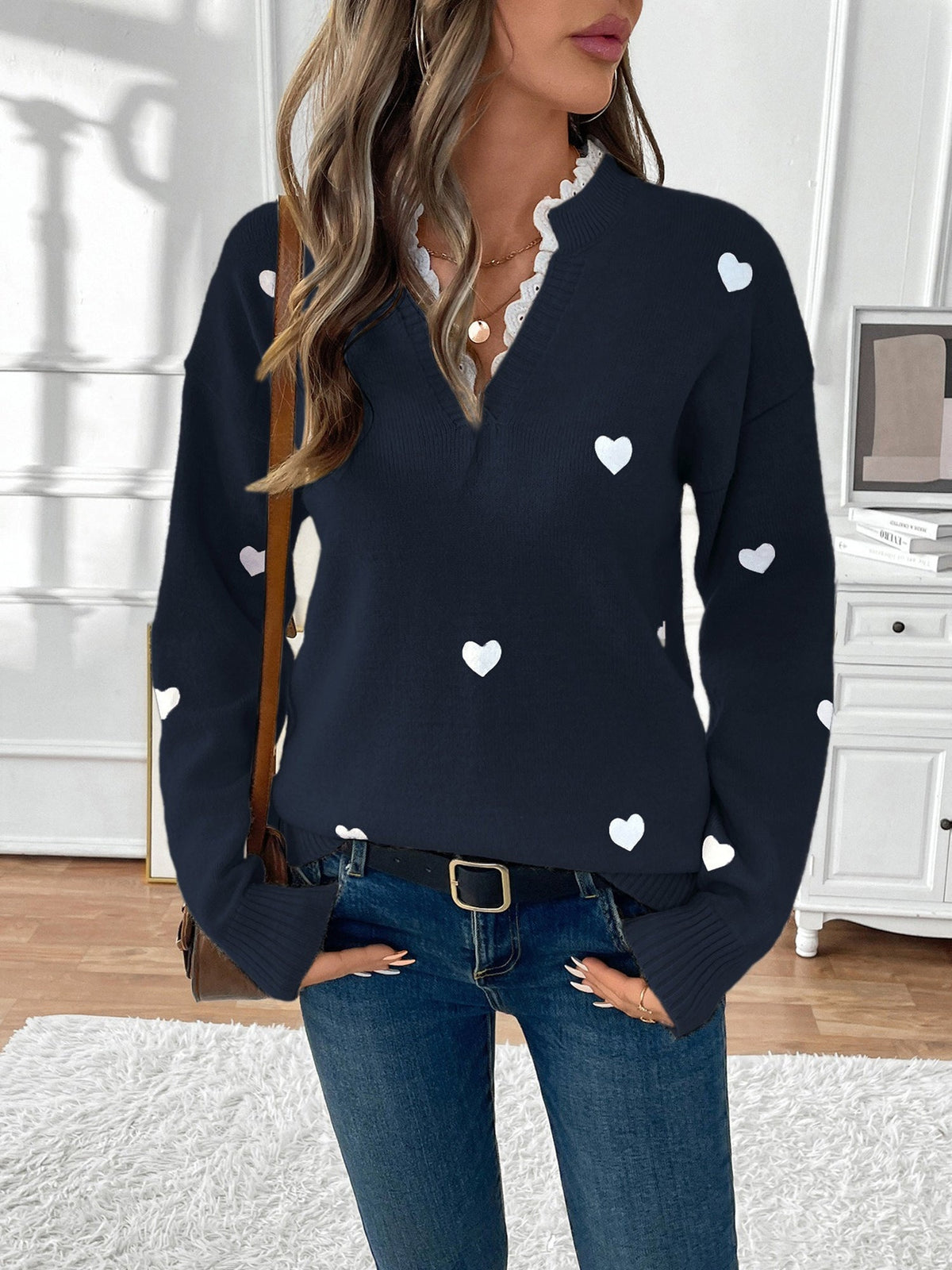 Teleri | Women's Heart Print Jumper with Lace-Trim V-Neck