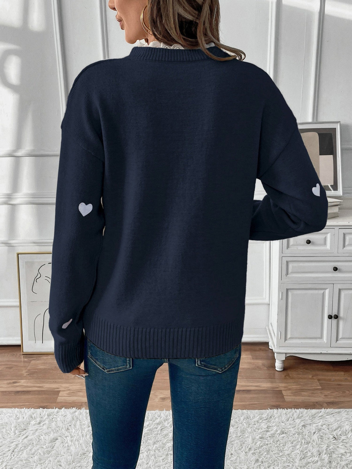 Teleri | Women's Heart Print Jumper with Lace-Trim V-Neck