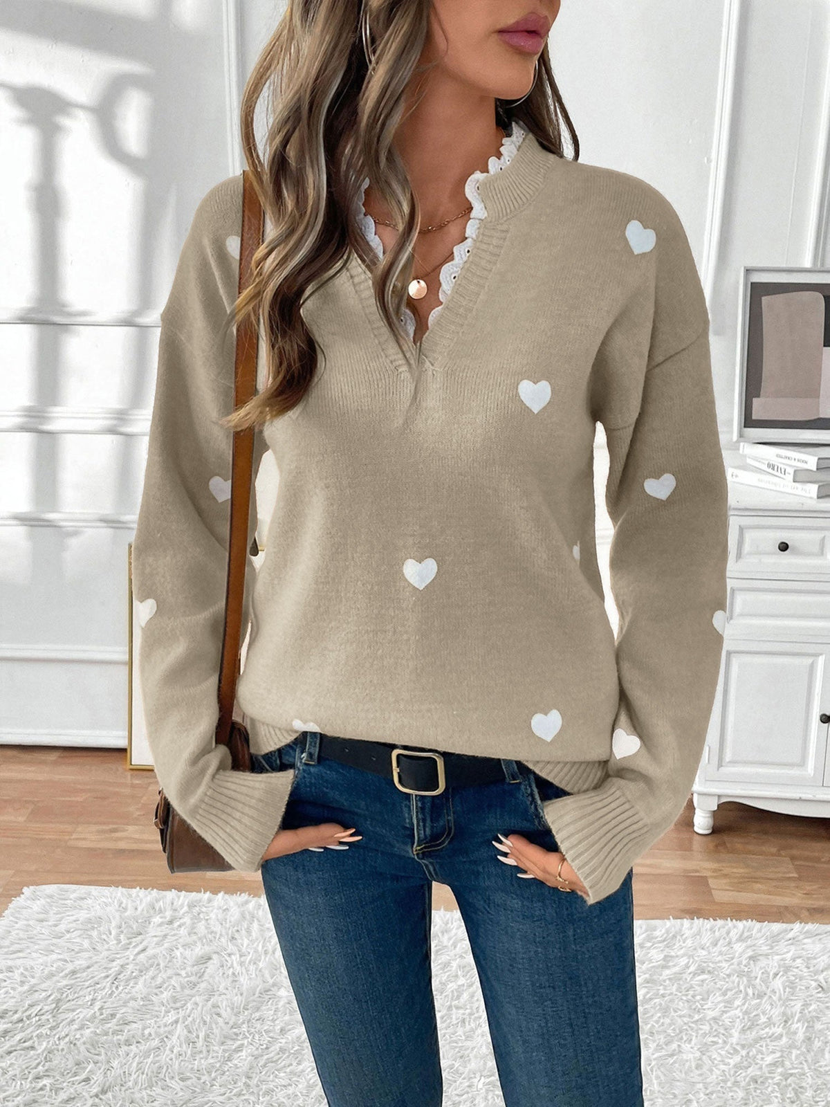 Teleri | Women's Heart Print Jumper with Lace-Trim V-Neck