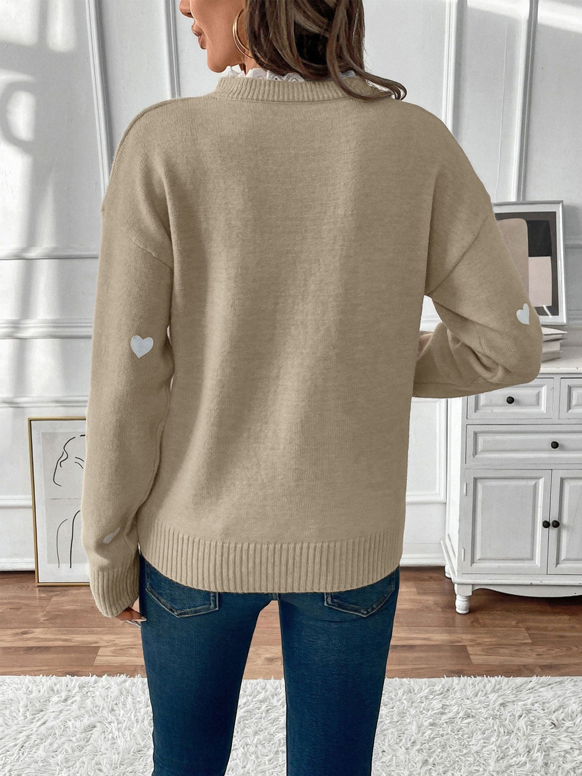Teleri | Women's Heart Print Jumper with Lace-Trim V-Neck
