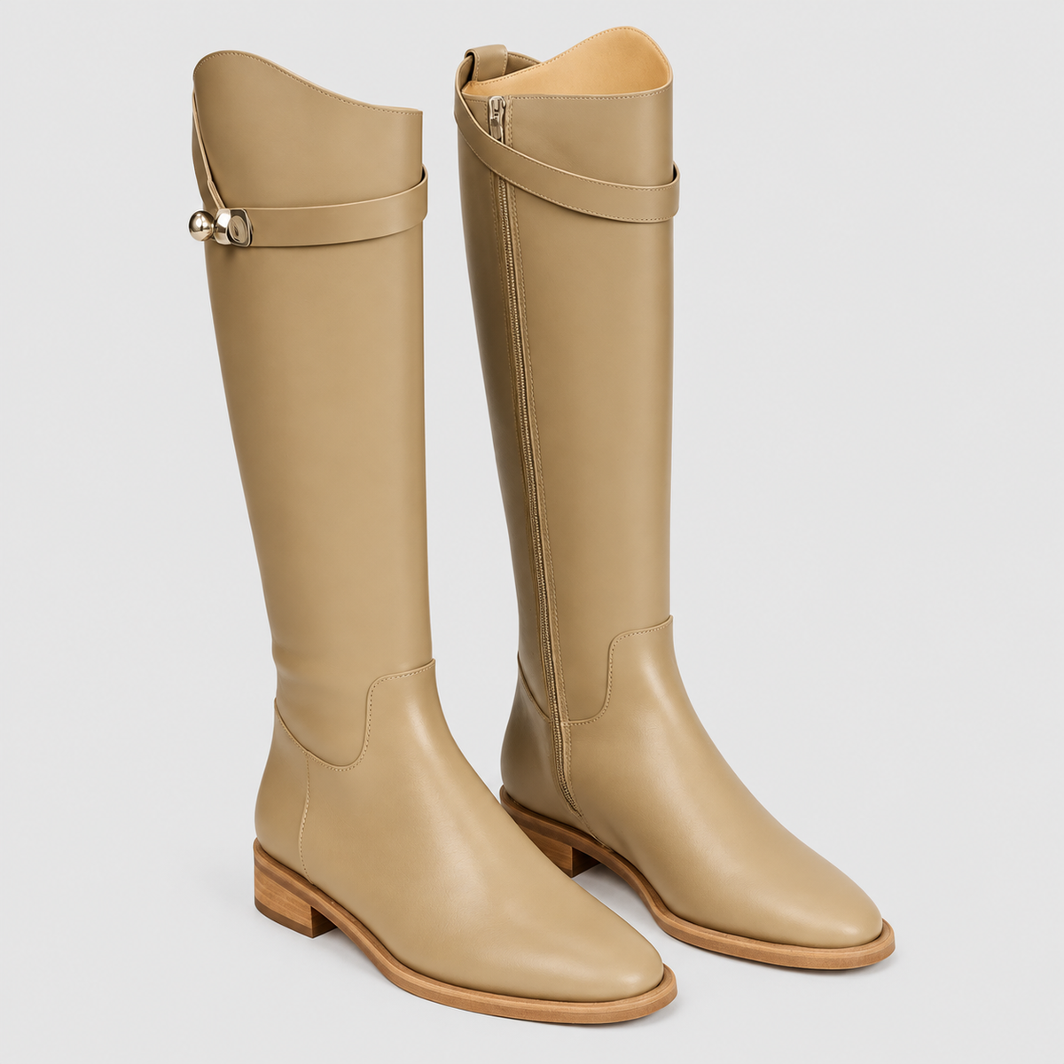 Women's Knee-High Boots with Buckle Detail in Beige — view 2