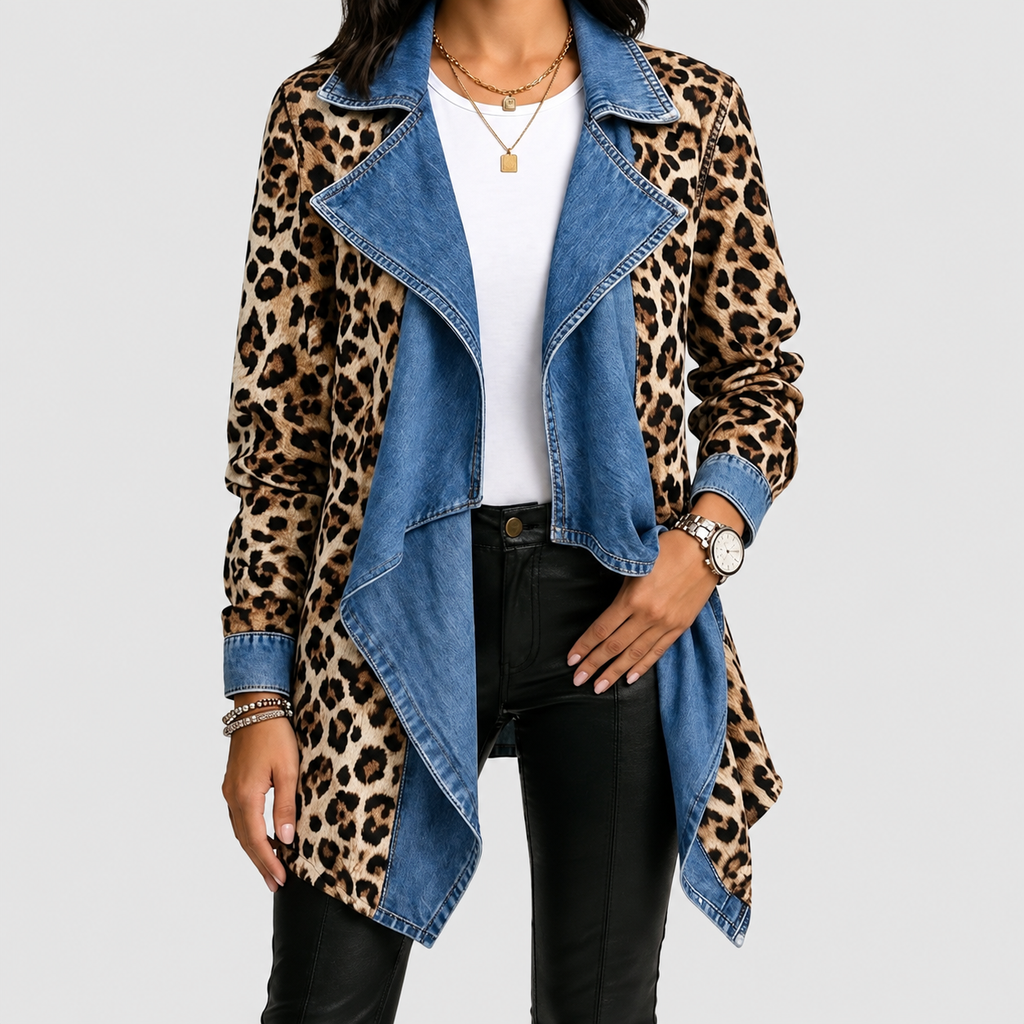 Women's Leopard-Print & Denim-Panel Mid-Length Jacket in Khaki — view 1