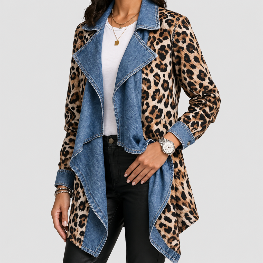 Women's Leopard-Print & Denim-Panel Mid-Length Jacket — view 2
