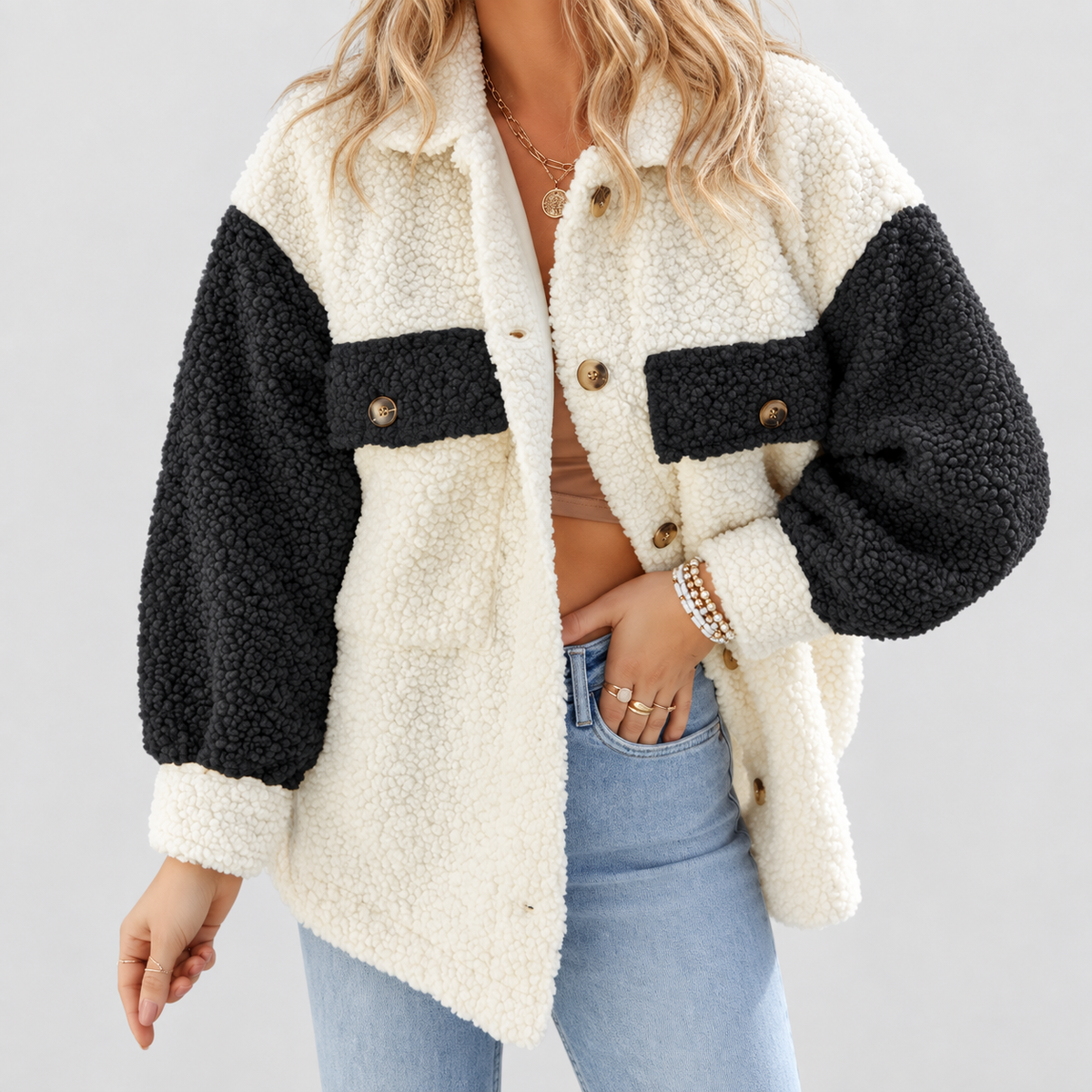 Women's Colour Block Teddy Faux Shacket in Black — view 2
