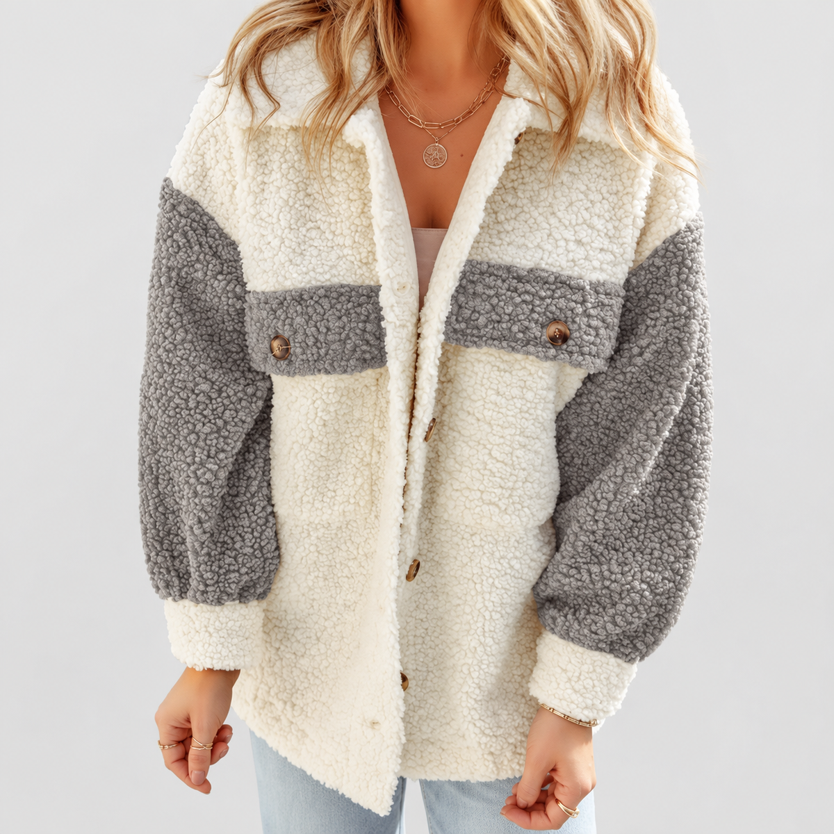 Women's Colour Block Teddy Faux Shacket in Grey — view 4