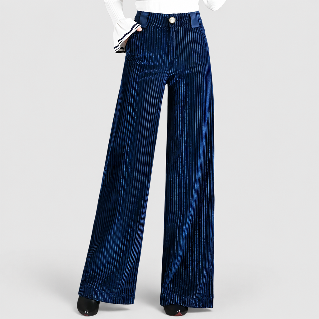 Women's Wide-Leg Corduroy Trousers with Satin Waistband in Blue — view 1