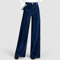 Women's Wide-Leg Corduroy Trousers with Satin Waistband in Blue — view 1