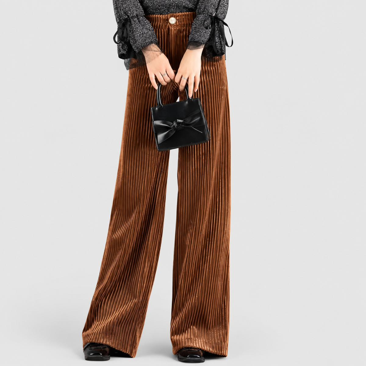 Women's Wide-Leg Corduroy Trousers with Satin Waistband in Caramel — view 5