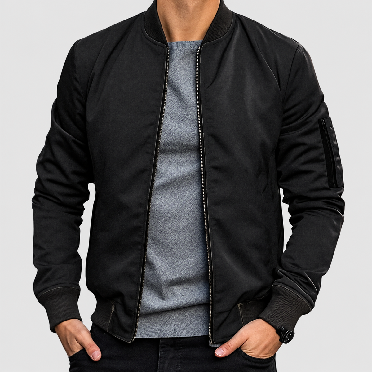 Men's Bomber Jacket with Sleeve Pocket and Ribbed Cuffs in Black — view 1