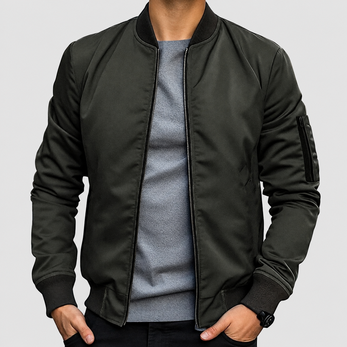 Men's Bomber Jacket with Sleeve Pocket and Ribbed Cuffs in Dark Green — view 5