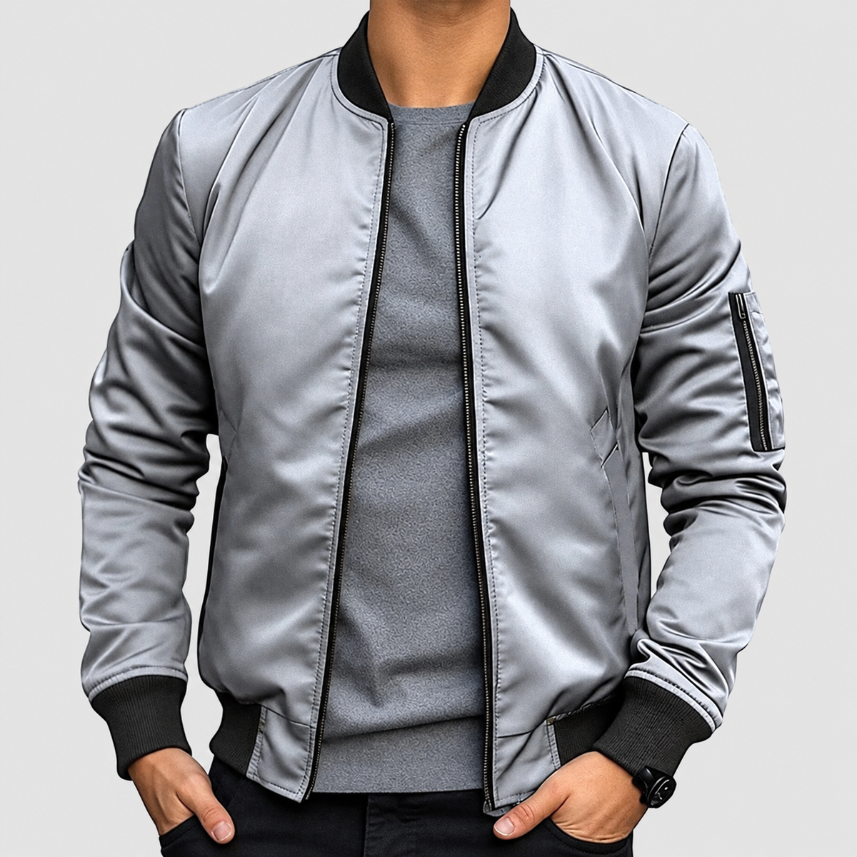 Men's Bomber Jacket with Sleeve Pocket and Ribbed Cuffs in Light Grey — view 7