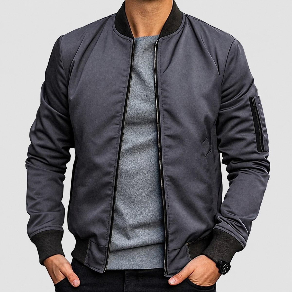 Men's Bomber Jacket with Sleeve Pocket and Ribbed Cuffs in Grey — view 8