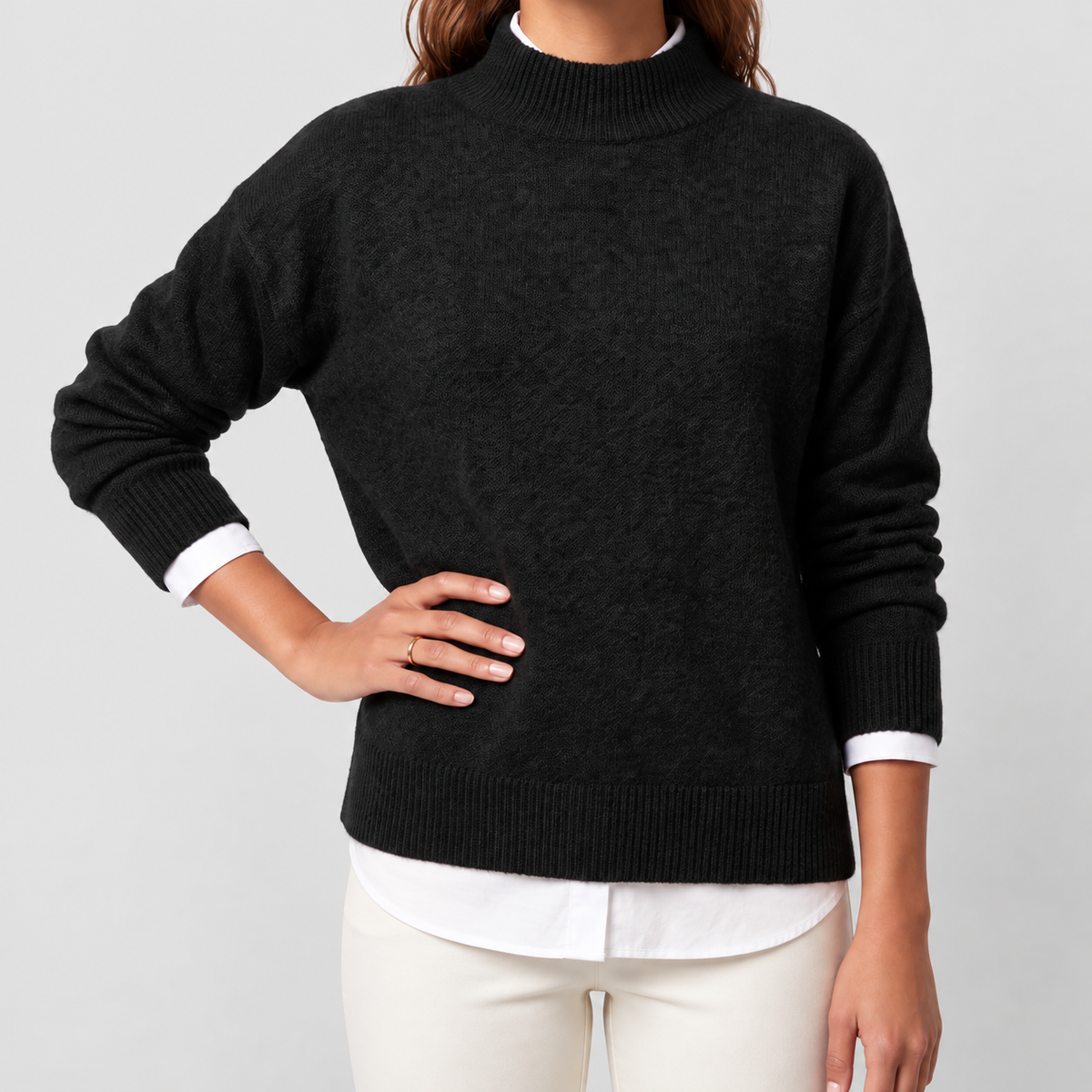 Women's Oversized Mock-Neck Knitted Jumper in Black — view 3