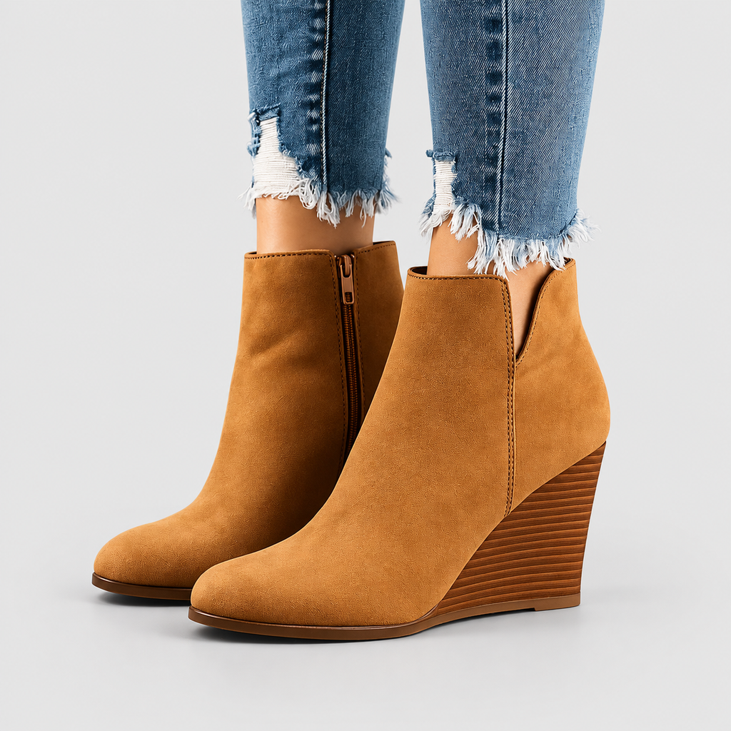 Women's Faux Suede Wedge Ankle Boots with Side Cut-Out in Khaki — view 1