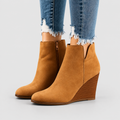 Women's Faux Suede Wedge Ankle Boots with Side Cut-Out in Khaki — view 1