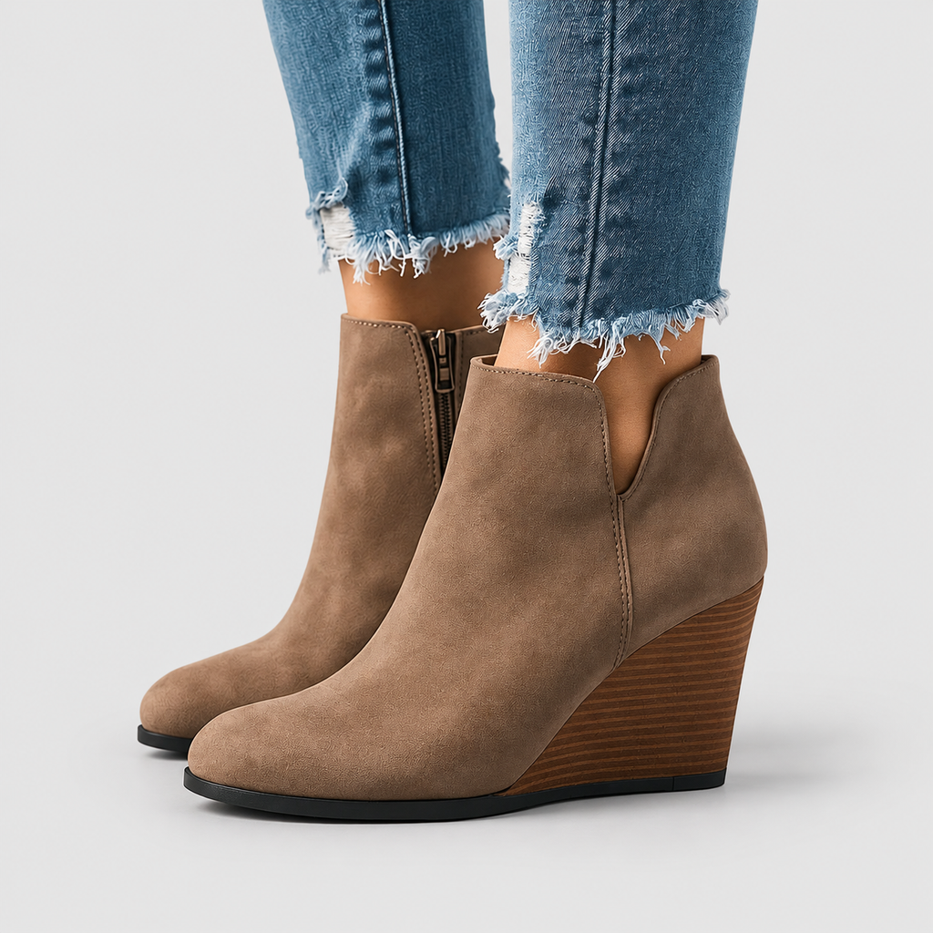 Women's Faux Suede Wedge Ankle Boots with Side Cut-Out in Brown — view 2