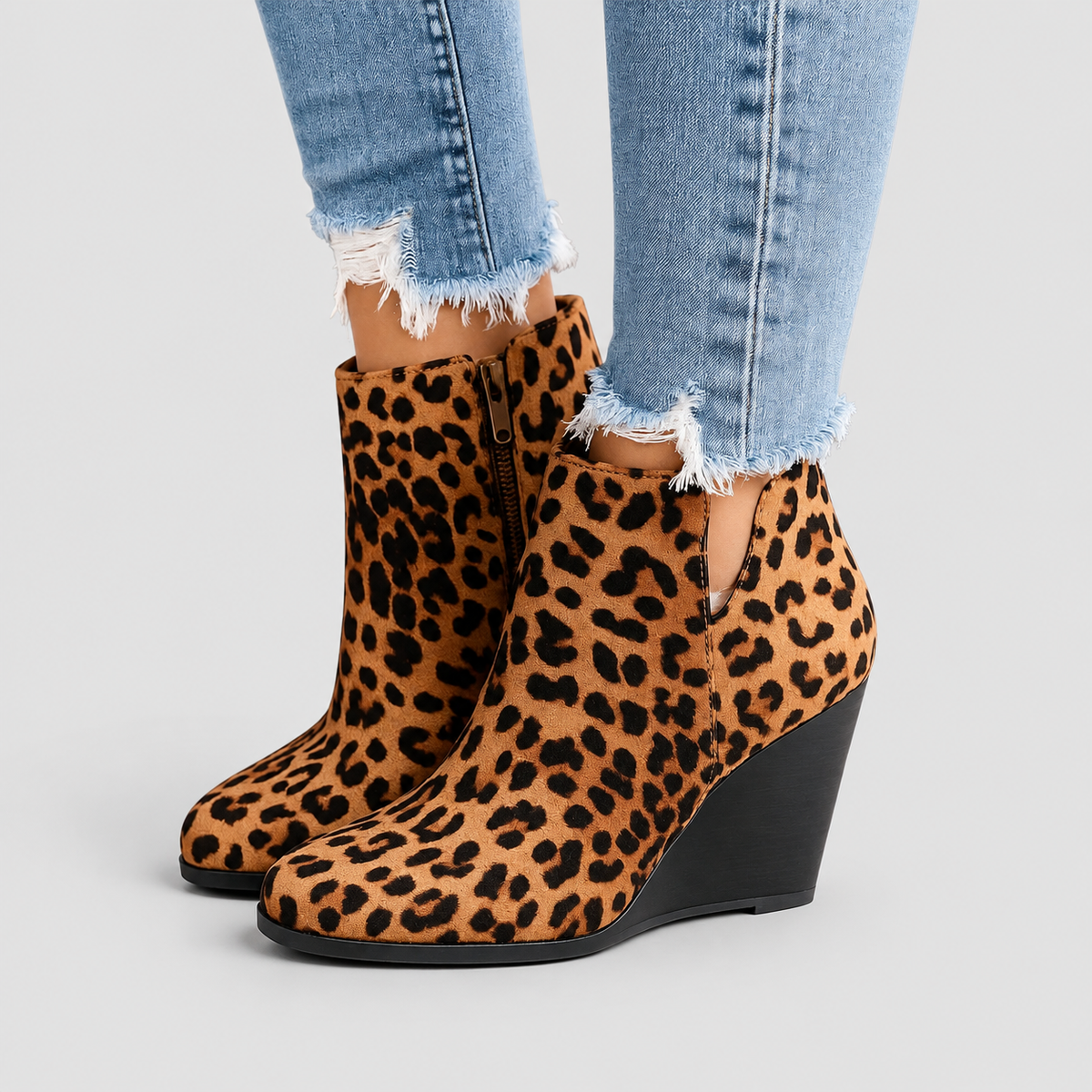 Women's Faux Suede Wedge Ankle Boots with Side Cut-Out in Brown With Leopard Print — view 3