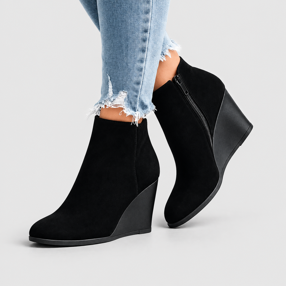 Women's Faux Suede Wedge Ankle Boots with Side Cut-Out in Black — view 4