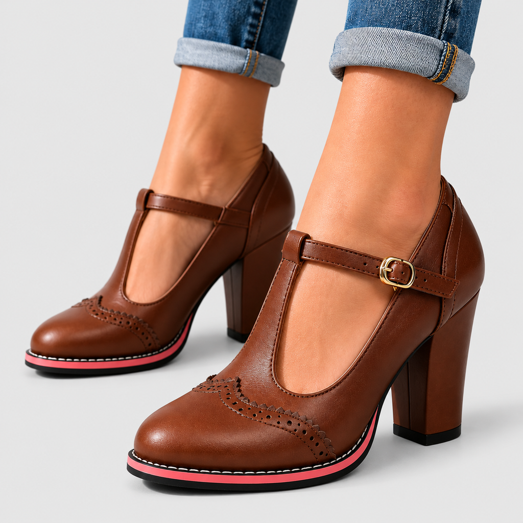 Women's T-Bar Brogue Block-Heel Mary Jane Shoes in Brown — view 1