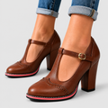 Women's T-Bar Brogue Block-Heel Mary Jane Shoes in Brown — view 1