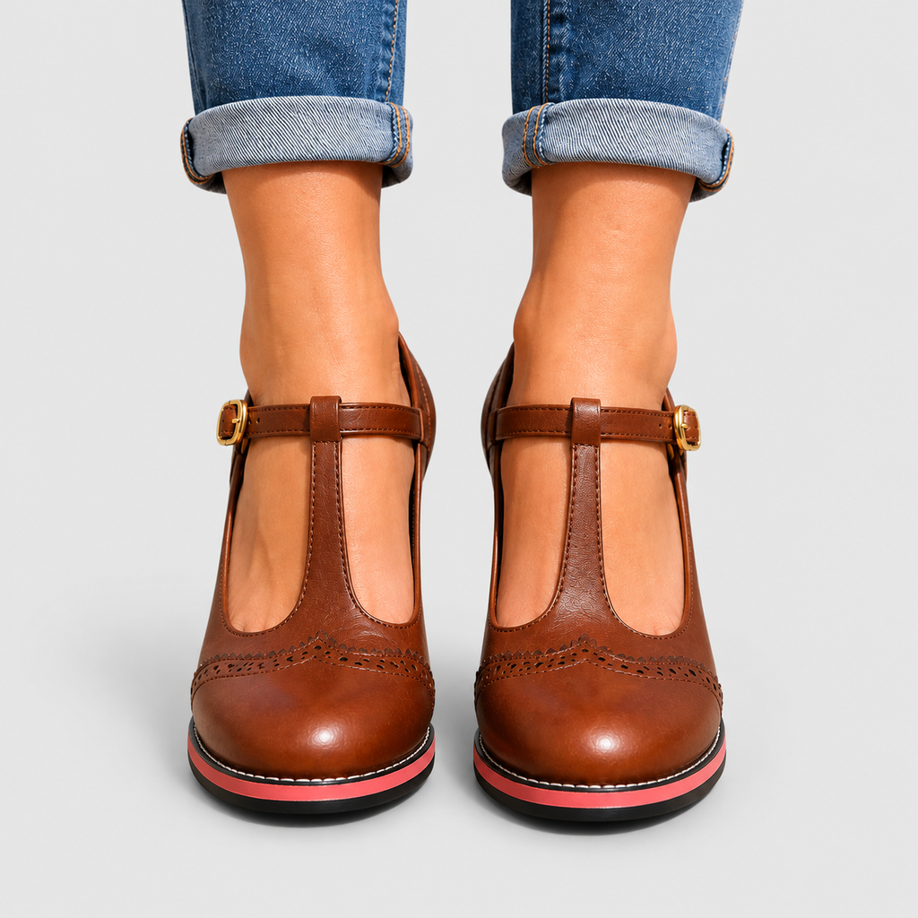 Women's T-Bar Brogue Block-Heel Mary Jane Shoes — view 3