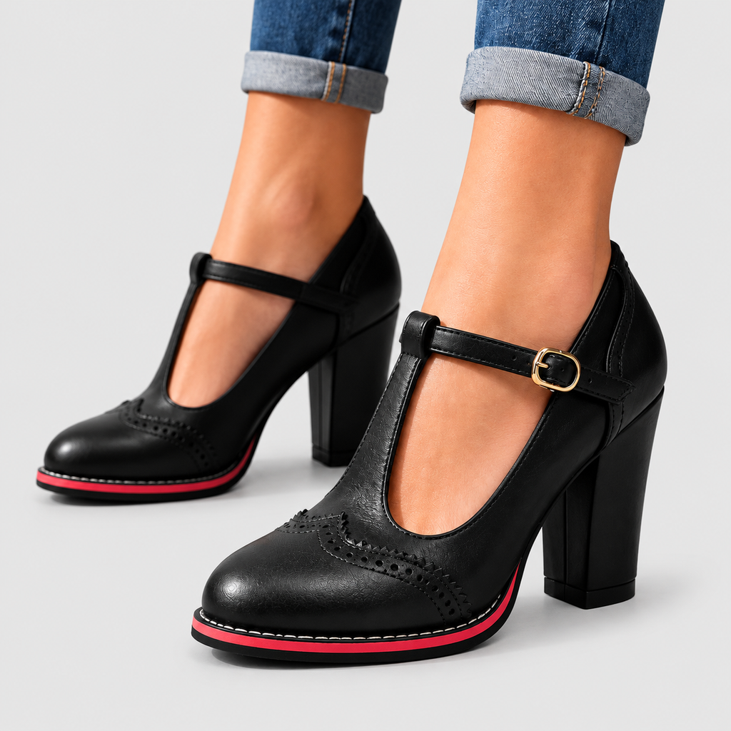 Women's T-Bar Brogue Block-Heel Mary Jane Shoes in Black — view 4