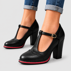 Women's T-Bar Brogue Block-Heel Mary Jane Shoes in Black — view 4