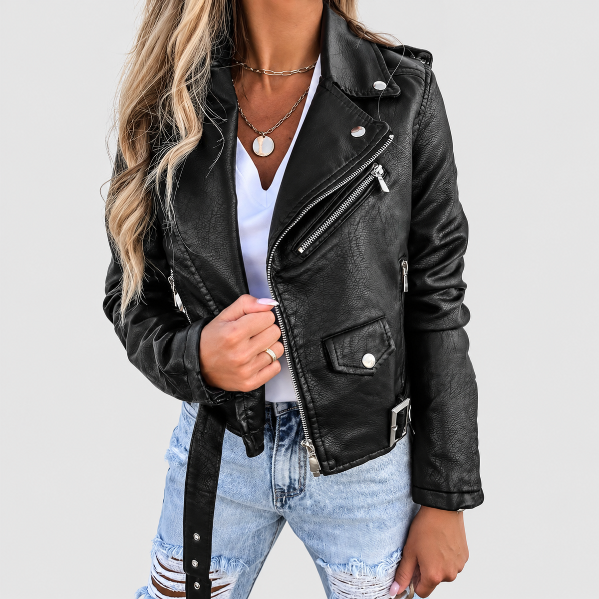 Women's Faux Leather Biker Jacket with Asymmetric Zip and Belt in Black — view 1