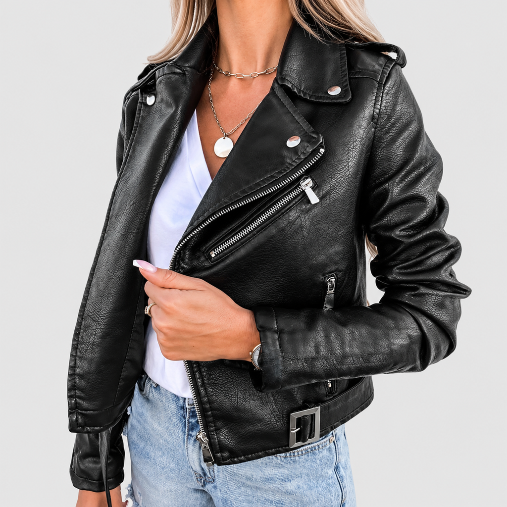 Women's Faux Leather Biker Jacket with Asymmetric Zip and Belt — view 2