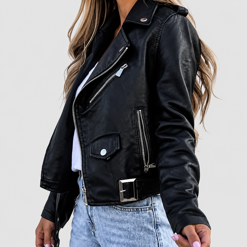Women's Faux Leather Biker Jacket with Asymmetric Zip and Belt — view 3