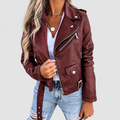 Women's Faux Leather Biker Jacket with Asymmetric Zip and Belt in Red — view 4