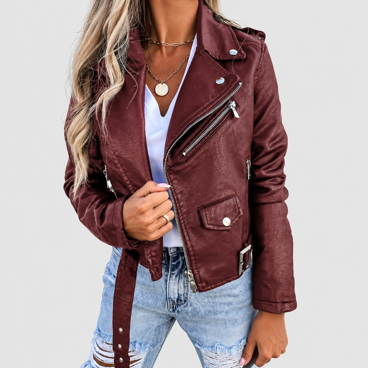 Women's Faux Leather Biker Jacket with Asymmetric Zip and Belt in Red — view 4