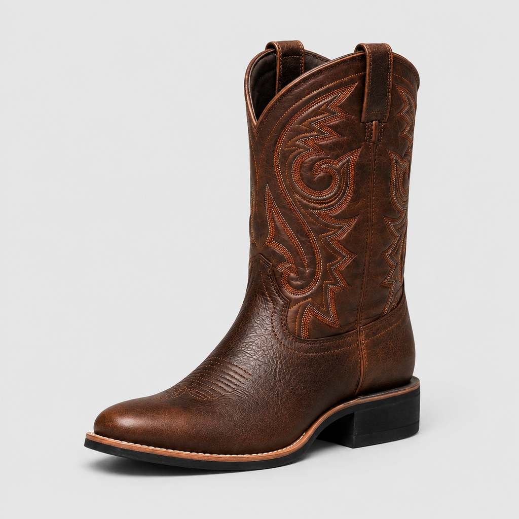 Women's Embroidered Western Leather-Look Cowboy Boots in Brown — view 1