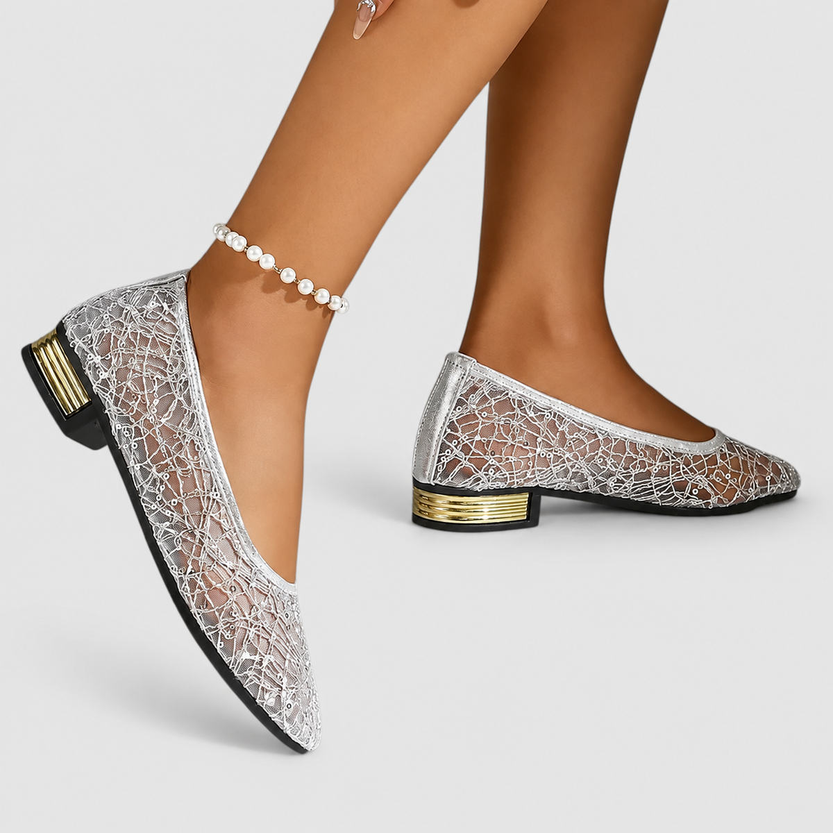 Women's Metallic Lace-Effect Flat Shoes — view 3
