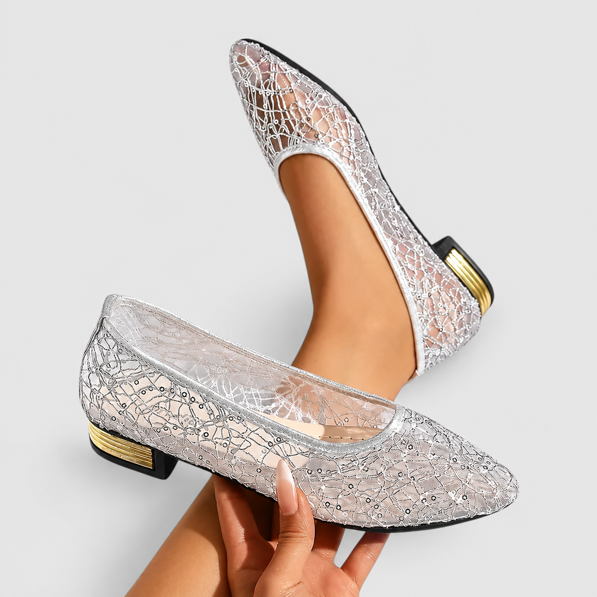 Women's Metallic Lace-Effect Flat Shoes in Silver — view 6