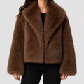 Women's Cropped Faux Fur Jacket with Oversized Collar in Brown — view 1
