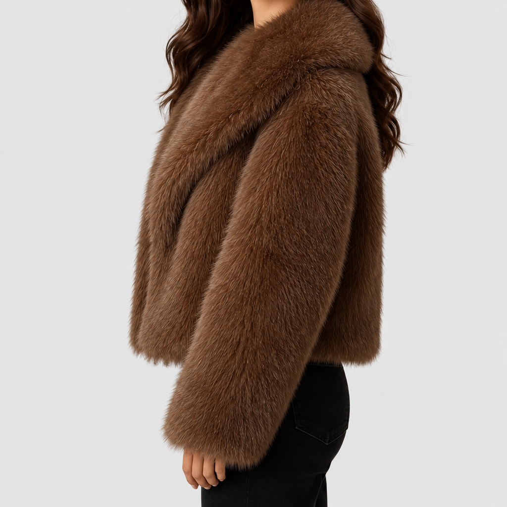 Women's Cropped Faux Fur Jacket with Oversized Collar — view 2