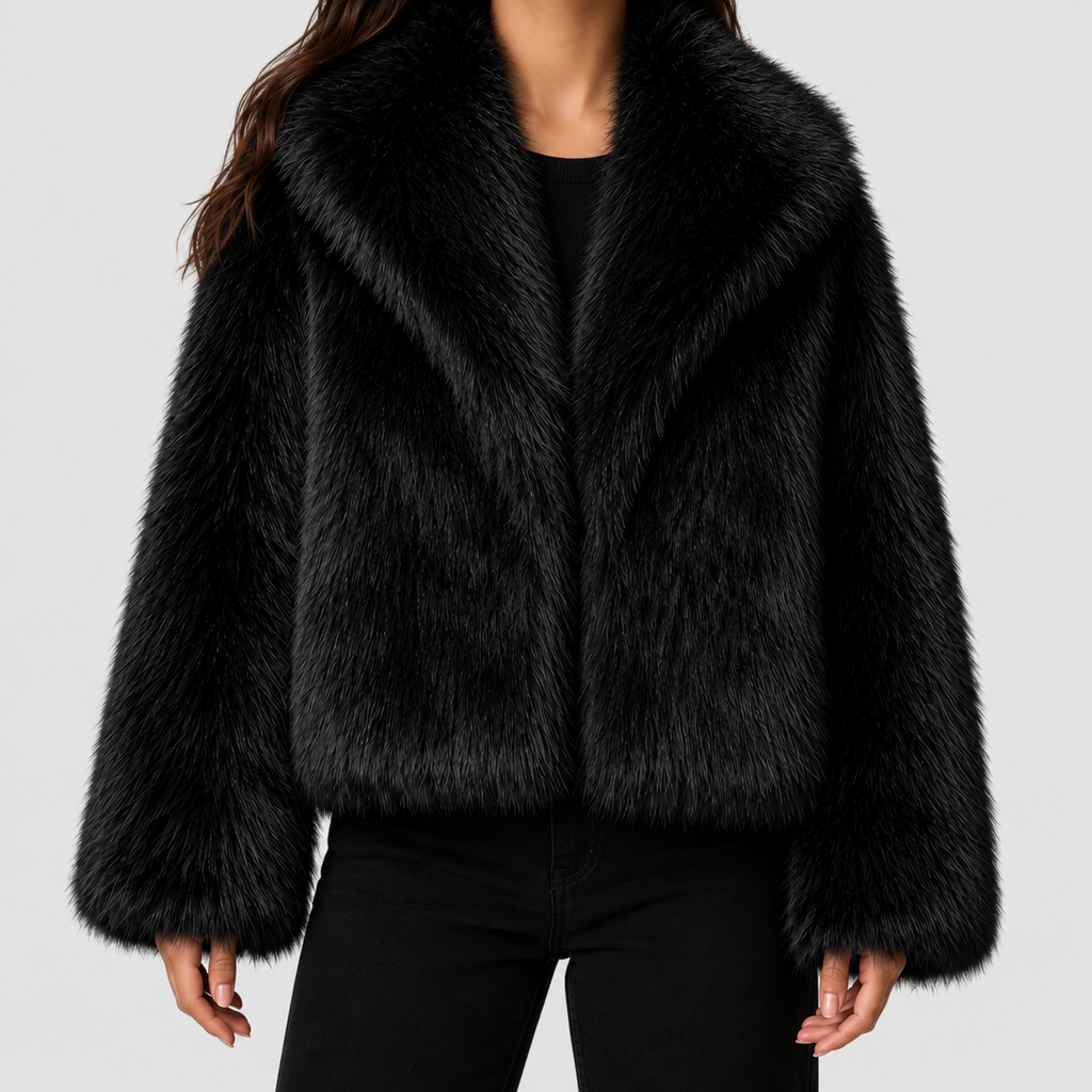Women's Cropped Faux Fur Jacket with Oversized Collar in Black — view 4