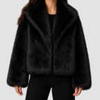 Women's Cropped Faux Fur Jacket with Oversized Collar in Black — view 4