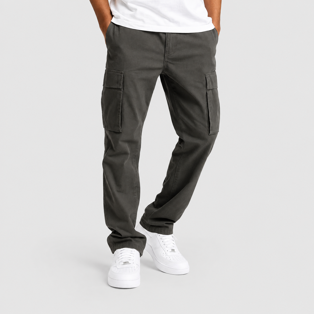 Men's Straight-Leg Cargo Trousers with Elasticated Waist in Dark Grey — view 1