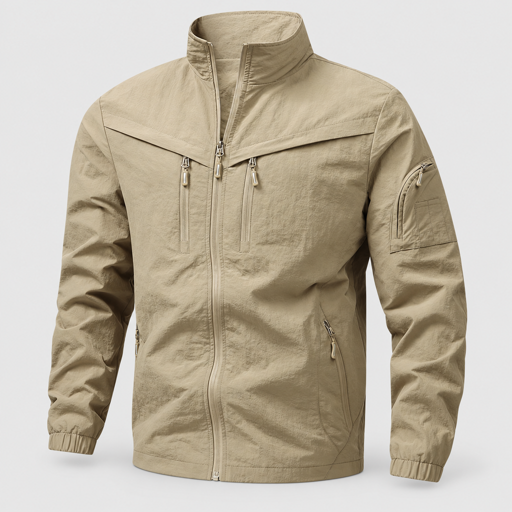 Men's Lightweight Zip-Front Jacket with Utility Pockets in Khaki — view 1