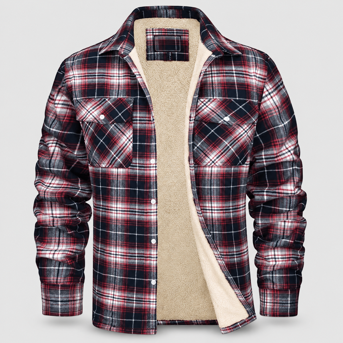 Men's Sherpa-Lined Plaid Flannel Shirt Jacket in Red — view 1