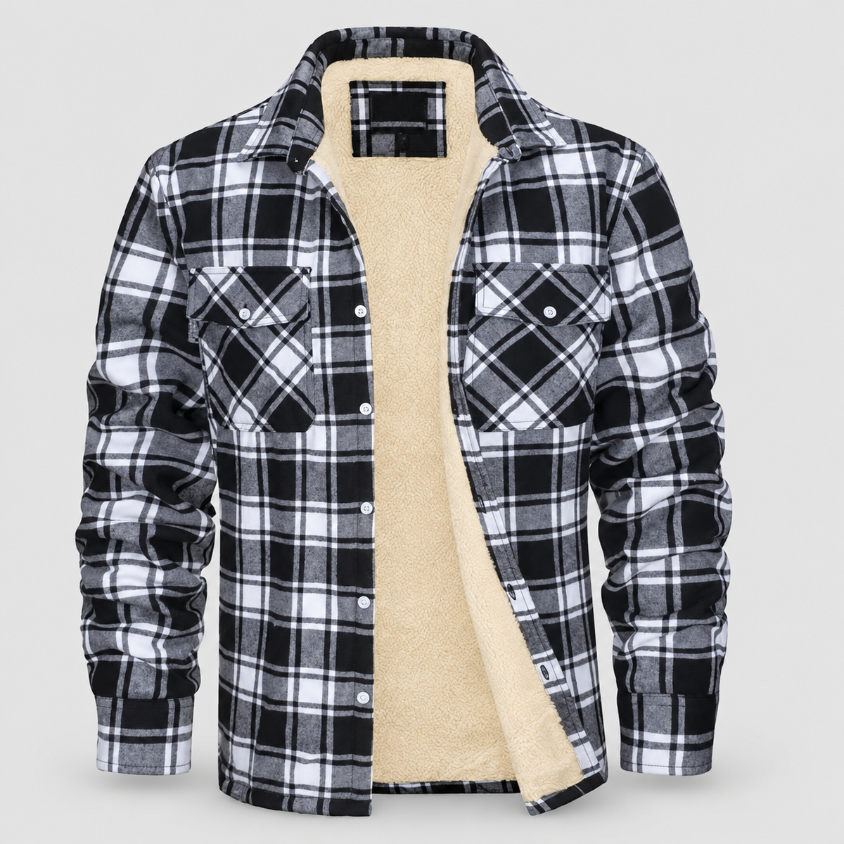 Men's Sherpa-Lined Plaid Flannel Shirt Jacket in Black — view 2