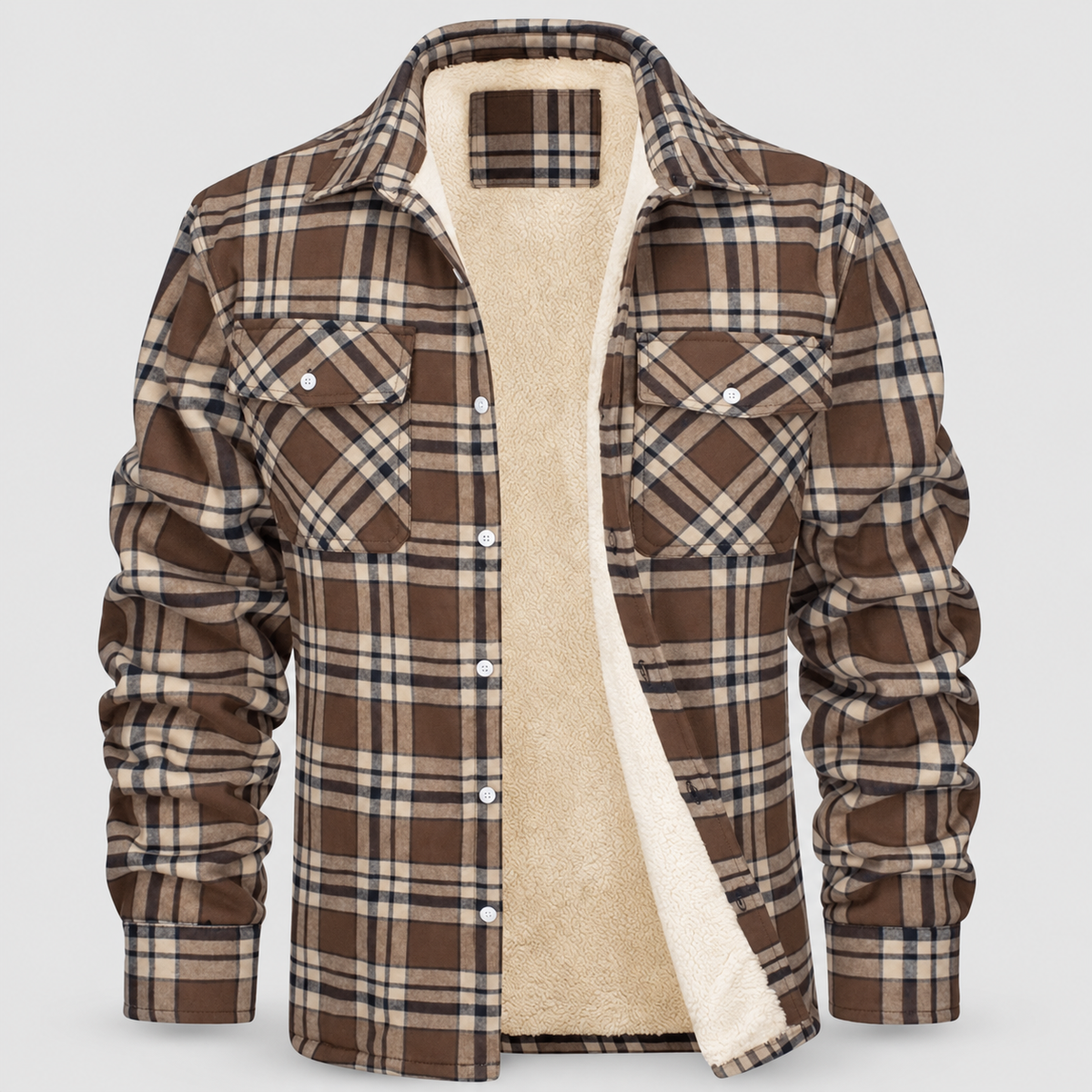 Men's Sherpa-Lined Plaid Flannel Shirt Jacket in Khaki — view 3
