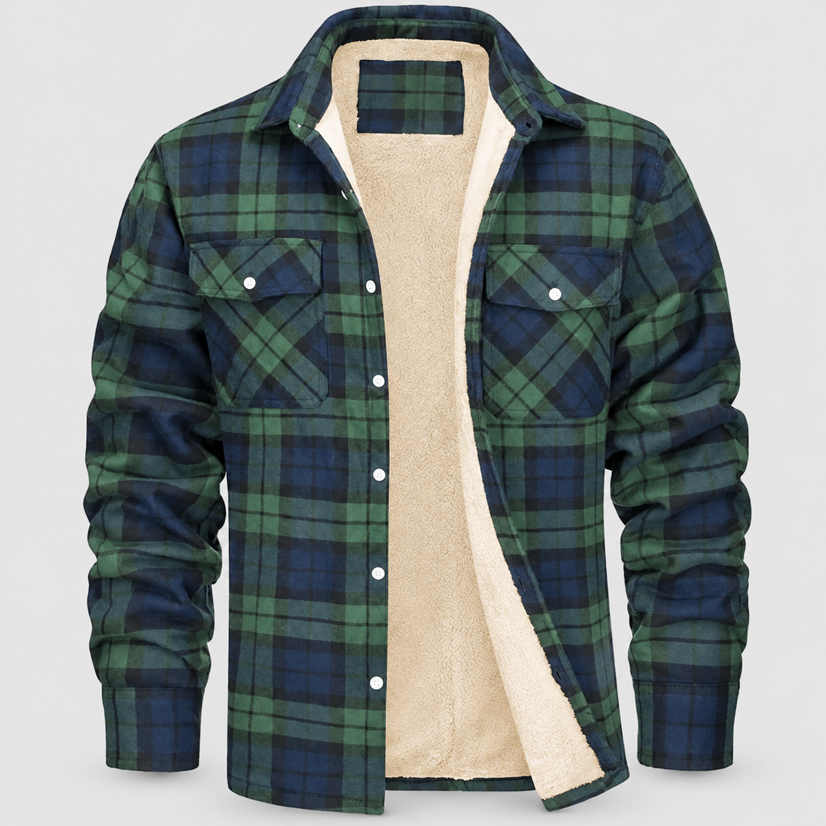 Men's Sherpa-Lined Plaid Flannel Shirt Jacket in Green — view 4
