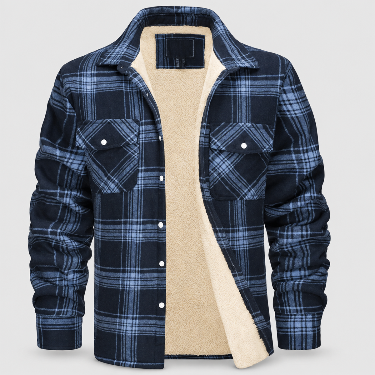 Men's Sherpa-Lined Plaid Flannel Shirt Jacket in Navy Blue — view 5