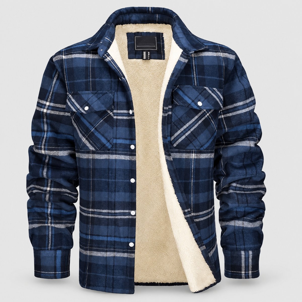 Men's Sherpa-Lined Plaid Flannel Shirt Jacket in Blue-Grey — view 6