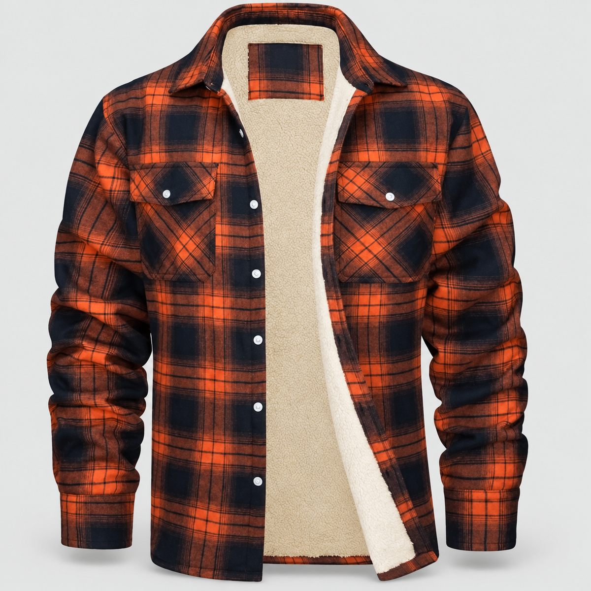 Men's Sherpa-Lined Plaid Flannel Shirt Jacket in Orange — view 7