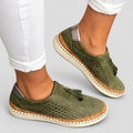 Women's Perforated Tassel Slip-On Trainers in Green — view 1